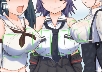 3girls akashieru atlanta_(kancolle) black_jacket black_skirt breast_pocket breasts brown_hair brown_neckerchief checkered_clothes checkered_necktie detached_sleeves dress_shirt earrings eyepatch fur-trimmed_jacket fur_trim green_hair high-waist_skirt isuzu_(kancolle) jacket jewelry kantai_collection large_breasts long_hair long_sleeves midriff multiple_girls navel neckerchief necktie open_mouth pocket purple_hair school_uniform serafuku shirt short_hair single_earring skirt sleeveless sleeveless_shirt smile star_(symbol) star_earrings suspender_skirt suspenders tenryuu_(kancolle) tenryuu_kai_ni_(kancolle) twintails very_long_hair white_shirt