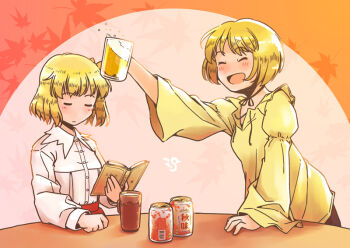 2girls :d aki_minoriko aki_shizuha artist_logo beer_can beer_glass blonde_hair blush book can closed_eyes commentary_request cup drink_can gradient_background hand_up holding holding_book holding_cup leaf leaning_on_table logo long_sleeves maple_leaf mug multiple_girls no_headwear open_mouth outstretched_arm rangycrow red_skirt shirt short_hair skirt smile touhou white_shirt yellow_shirt