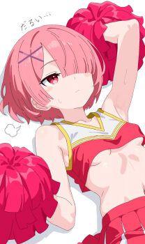 1girl arm_up armpits breasts cheerleader closed_mouth collarbone commentary_request crop_top hair_ornament hair_over_one_eye highres holding holding_pom_poms lying midriff navel on_back pink_eyes pink_hair pleated_skirt pom_pom_(cheerleading) pom_poms ram_(re:zero) re:zero_kara_hajimeru_isekai_seikatsu red_eyes red_skirt remnia short_hair simple_background skirt small_breasts solo underboob white_background x_hair_ornament