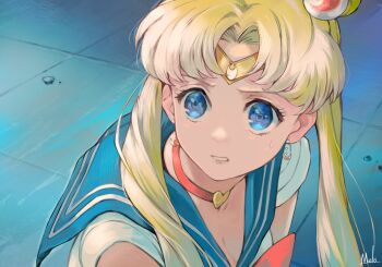 1girl bishoujo_senshi_sailor_moon blonde_hair blue_eyes blue_sailor_collar bow bowtie choker circlet commentary crescent crescent_earrings derivative_work double_bun earrings hair_bun heart heart_choker highres jewelry kyuuba_melo magical_girl meme parted_bangs red_bow red_bowtie sailor_collar sailor_moon sailor_moon_redraw_challenge_(meme) screenshot_redraw signature solo sweatdrop symbol-only_commentary tsukino_usagi twintails