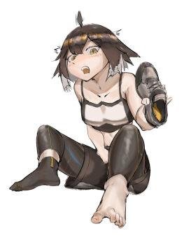 1girl absurdres arknights barefoot blush brown_hair feet highres holding holding_shoes holding_unworn_clothes looking_at_viewer medium_hair open_mouth operatorut plume_(arknights) shoes single_shoe single_sock socks toes unworn_shoes yellow_eyes