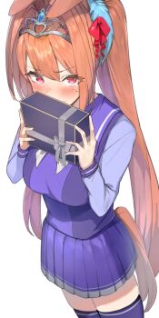 Rule 34 | 1girl, absurdres, amepa (ame pinecandy), animal ears, blush, box, breasts, commentary request, covered mouth, daiwa scarlet (umamusume), hair between eyes, hair ornament, highres, holding, holding box, horse ears, horse girl, horse tail, large breasts, long hair, long sleeves, looking at viewer, neckerchief, pleated skirt, purple sailor collar, purple shirt, purple skirt, purple thighhighs, red eyes, red hair, revision, sailor collar, school uniform, shirt, simple background, skirt, solo, tail, thighhighs, tiara, tracen school uniform, twintails, umamusume, v-shaped eyebrows, white background, white neckerchief