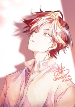 1boy blonde_hair cale_henituse collared_shirt dated highres looking_up lout_of_count&#039;s_family male_focus multicolored_hair open_collar osewa6363 parted_lips red_hair shadow shirt short_hair signature solo twitter_username two-tone_hair upper_body white_background white_hair white_shirt yellow_eyes