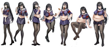 1girl absurdres adjusting_hair arm_support belly belly_grab black_bra black_footwear black_hair black_pantyhose blue_shirt blue_skirt bottle bra breasts chicken_(food) choker cleavage collarbone crop_top crop_top_overhang donut eating expressionless fat fat_woman feet food food_in_mouth fried_chicken full_body goti_(gotie23) hair_between_eyes hair_ornament hairclip head_tilt highres holding holding_food ice_cream knees_together_feet_apart large_breasts licking_lips long_hair long_sleeves looking_at_viewer medium_breasts midriff miniskirt muffin_top navel neckerchief original pantyhose pleated_skirt plump popsicle popsicle_in_mouth purple_eyes red_nails red_neckerchief sailor_collar school_uniform selfie sequential serafuku shirt shoes simple_background sitting skirt sleeves_rolled_up smile smug soda_bottle standing suggestive_food thick_thighs thighs tongue tongue_out torn_clothes torn_pantyhose torn_shirt torn_skirt underwear wardrobe_malfunction weight_gain white_background white_sailor_collar