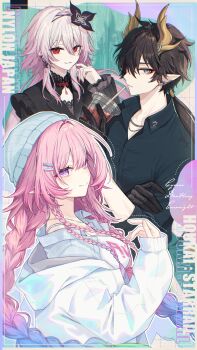 1boy 2girls akakura alternate_costume black_flower braid closed_mouth commentary_request cyrene_(honkai:_star_rail) cyrene_(nylon_japan)_(honkai:_star_rail) cyrene_(ripples_of_past_reverie)_(honkai:_star_rail) dan_heng_(honkai:_star_rail) dan_heng_(permansor_terrae)_(honkai:_star_rail) evernight_(honkai:_star_rail) flower hair_between_eyes hair_flower hair_ornament hand_up highres honkai:_star_rail honkai_(series) jacket jewelry knit_hat long_hair long_sleeves looking_at_viewer march_7th_(honkai:_star_rail) multiple_girls necklace official_alternate_costume open_clothes open_jacket parted_lips pink_hair pointy_ears purple_eyes red_eyes smile very_long_hair