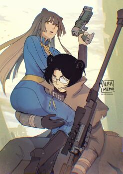 anti-materiel_rifle black_boots black_gloves black_hair blue_bodysuit bodysuit bolt_action boots brown_coat brown_eyes brown_hair coat commentary energy_gun english_commentary fallout fallout:_new_vegas glasses gloves gun high_heel_boots high_heels holding holding_gun holding_weapon laser_rifle long_hair milramemo mouth_hold opaque_glasses open_mouth partially_opaque_glasses pgm_hecate_ii rifle scope shoe_soles signature sitting_on_arm sniper_rifle stalk_in_mouth twitter_username vault_suit very_long_hair weapon