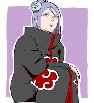 Rule 34 | 1girl, akatsuki uniform, black coat, blue flower, blue hair, border, closed mouth, coat, eyeliner, flower, hair flower, hair ornament, highres, konan (naruto), long sleeves, looking at viewer, makeup, naruto (series), naruto shippuuden, orange eyes, outline, outside border, piercing, purple background, purple eyeliner, short hair, solo, uri geikon, white border, white outline