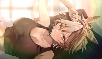 1girl absurdres animal_ear_fluff animal_ears black_tank_top breasts brown_eyes brown_hair cleavage closed_mouth collarbone haruta_maki highres horse_ears horse_girl multicolored_hair pillow short_hair solo star_(symbol) star_in_eye symbol_in_eye tank_top tomoe_umari two-tone_hair v-dere virtual_youtuber white_hair