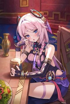 1girl armlet asymmetrical_gloves black_gloves black_leotard blue_eyes blush bracelet chair citlali_(genshin_impact) commentary cup elbow_gloves facial_mark fingerless_gloves floating_headgear forehead_mark from_side froth genshin_impact gloves hair_intakes headgear highres holding holding_cup indoors jewelry leotard long_hair looking_at_viewer looking_to_the_side miho_(mymiho) nail_polish open_mouth parted_bangs parted_lips pink_hair purple_nails purple_sarong ribbed_leotard ring_hair_ornament sarong shoulder_tattoo signature single_elbow_glove sitting solo squeans symbol-only_commentary tankard tattoo thigh_marking triangle triangle_facial_mark twitter_username vision_(genshin_impact)