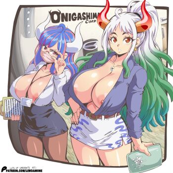 2girls adjusting_eyewear alternate_costume areola_slip blue_hair breasts breasts_out cleavage glasses green_hair highres huge_breasts id_card large_areolae large_breasts lewdamone looking_at_viewer multicolored_hair multiple_girls nipple_slip nipples no_bra office_lady one_piece ulti_(one_piece) white_hair yamato_(one_piece)