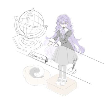 1girl black_dress cat digimon digimon_story:_cyber_sleuth digimon_story:_time_stranger dress glasses globe highres long_hair mikagura_mirei pink_hair purple_eyes sketch solo_focus ybhk77