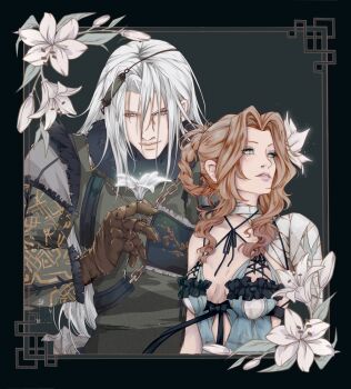 Rule 34 | 1boy, 1girl, absurdres, aerith gainsborough, bandaged arm, bandaged neck, bandages, black bow, blue eyeshadow, blue negligee, bow, braid, braided hair rings, breasts, brown hair, chain, cleavage, closed mouth, coat, cosplay, eyeshadow, final fantasy, final fantasy vii, final fantasy vii: ever crisis, flower, fur-trimmed coat, fur trim, green eyes, grey hair, hair between eyes, hair rings, highres, holding, holding flower, kaine (nier), kaine (nier) (cosplay), lily (flower), long hair, makeup, male focus, medium breasts, metal gloves, nier (brother), nier (brother) (cosplay), official alternate costume, parted bangs, parted lips, sephiroth, shanlieart, sidelocks, single bare shoulder, upper body, white eyes, white flower