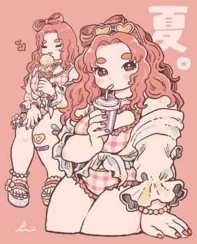 Rule 34 | 1girl, arm at side, bandaid, bandaid on leg, bare shoulders, blush, blush stickers, borrowed character, bow-shaped hair, bracelet, breasts, cleavage cutout, closed eyes, clothing cutout, commission, cropped legs, cup, curly hair, curvy, dot nose, drinking, drinking straw, eating, ebiebi, food, forehead, frilled one-piece swimsuit, frills, gingham clothes, gingham one-piece swimsuit, hand on ground, hand on own thigh, hand up, heart, heart-shaped eyewear, heart cutout, highres, holding, holding cup, holding food, holding ice cream, ice cream, jewelry, knees together feet apart, large breasts, licking, long hair, long sleeves, multiple views, one-piece swimsuit, original, pink background, pink hair, pink one-piece swimsuit, red nails, sandals, shirt, signature, skeb commission, sunglasses, swimsuit, thick arms, thick eyebrows, tied shirt, tongue, tongue out, translated, white-framed eyewear, white shirt