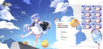 Rule 34 | 1girl, :o, aircraft, airplane, azur lane, barefoot, blue hair, blue horns, blush, character name, closed eyes, cloud, commentary, copyright name, dress, english commentary, expression chart, frown, highres, holding, holding shoes, holding unworn clothes, horns, i-13 (after-school observations) (azur lane), i-13 (azur lane), jet airliner, looking at viewer, manjuu (azur lane), official alternate costume, official art, shoes, sleeveless, sleeveless dress, smile, unworn shoes, white dress
