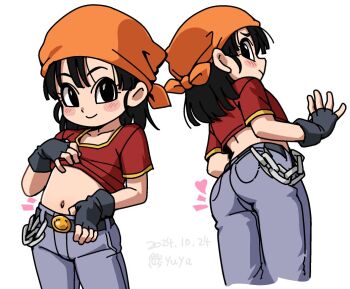 Rule 34 | 1girl, artist name, ass, bandana, belt, belt buckle, black eyes, black gloves, black hair, blush, blush stickers, buckle, chain, closed mouth, clothes lift, cowboy shot, denim, dragon ball, dragon ball gt, fingerless gloves, gloves, heart, jeans, looking at viewer, midriff, multiple views, navel, orange bandana, pan (dragon ball), pants, red shirt, shirt, shirt lift, short hair, short sleeves, smile, white background, yuuya (blue scarab)