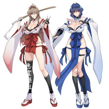 2girls between_breasts black_gloves black_socks black_thighhighs blue_bow blue_eyes blue_hair blue_headband bow breasts brown_hair cleavage commentary_request fingerless_gloves full_body gloves hair_bow hair_intakes halcon headband highres holding holding_sword holding_weapon karin_(halcon) kasumi_(halcon) katana kneehighs large_breasts long_sleeves looking_at_viewer multiple_girls nontraditional_miko okobo original platform_sandals purple_eyes red_headband sandals single_thighhigh socks standing sword talisman thighhighs weapon wide_sleeves