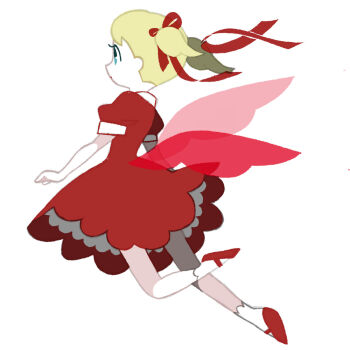 Rule 34 | 1girl, ana (mother), blonde hair, blue eyes, dress, full body, mary janes, mother (series), mother 1, nintendo, petticoat, puffy short sleeves, puffy sleeves, red dress, red ribbon, red shoes, ribbon, shoes, short hair, short sleeves, simple background, socks, solo, tanba (tanba-art), white background, white socks, wings