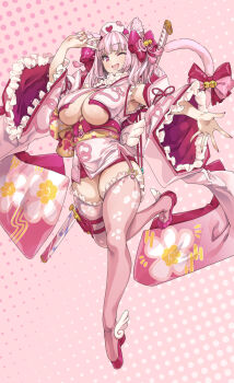 1girl animal_ears armpits arms_up blush bow breasts cat_ears cat_girl cat_tail commentary_request detached_sleeves floral_print frilled_kimono frills full_body hair_bow hair_ornament hat highres holster japanese_clothes katana kimono large_breasts long_hair looking_at_viewer nurse_cap one_eye_closed open_mouth original pink_eyes pink_hair pink_kimono pink_thighhighs print_kimono print_thighhighs smile solo sword tail tail_ornament thigh_holster thighhighs thomasz underboob weapon wide_sleeves