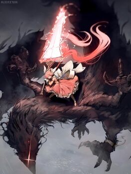 1boy alterkyon commentary dress english_commentary frilled_dress frills gloves glowing glowing_weapon high_up highres holding holding_weapon huge_weapon magical_boy medium_hair monster original pink_dress pink_eyes pink_hair tadakuni_(alterkyon) trap weapon white_gloves wide_shot
