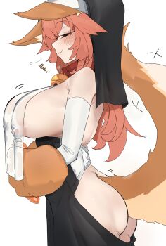 1girl animal_ears animal_hands areola_slip ass bare_shoulders bell belt_collar black_dress black_veil blush breast_curtains breasts brown_gloves carrot cat_paw closed_eyes closed_mouth collar commentary detached_sleeves dress fang fate/grand_order fate_(series) fox_ears fox_girl fox_tail from_side gloves groin highres holding holding_carrot huge_breasts jingle_bell long_hair neck_bell paw_gloves pink_hair red_collar rottenweiler simple_background skin_fang smile solo tail tail_wagging tamamo_(fate) tamamo_cat_(fate) translation_request veil white_background white_sleeves