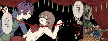 1boy 2girls black_background brown_hair closed_eyes closed_mouth commentary_request curtains fire garry_(ib) good_end highres ib_(ib) ib_(kouri) kuiruri lighter long_sleeves mary_(ib) medium_hair multiple_girls open_mouth purple_hair red_skirt shirt short_hair skirt smile speech_bubble spoilers stage_curtains string string_of_fate translated white_shirt