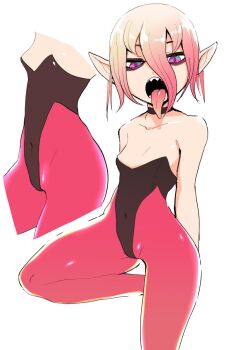 1girl bags_under_eyes black_choker black_leotard blonde_hair breasts choker commentary_request covered_navel gradient_hair highleg highleg_leotard inarou_(rakugakiproject) leotard long_tongue multicolored_hair open_mouth original pantyhose petite pink_hair pink_pantyhose pointy_ears purple_eyes sharp_teeth short_hair small_breasts solo standing standing_on_one_leg strapless strapless_leotard swan_(inarou_(rakugakiproject)) teeth tongue