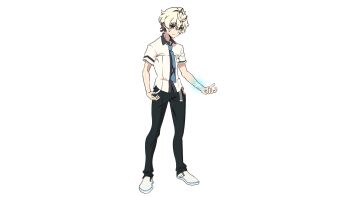 1boy agata_katsuhira arms_up black_pants blue_necktie emiladylbekuulu grey_eyes highres kiznaiver necktie non-web_source pants scar scar_on_arm school_uniform shirt shoes studio_trigger trigger_(company) white_shirt