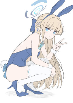 Rule 34 | 1girl, animal ears, aqua bow, aqua bowtie, blonde hair, blue archive, blue eyes, blue hairband, blue halo, blue leotard, blue streaks, bow, bowtie, commentary, detached collar, fake animal ears, fake tail, full body, hairband, hakuaiiii, halo, hand on own knee, heel up, high heels, highleg, highleg leotard, highres, leotard, long hair, looking at viewer, multicolored hair, official alternate costume, playboy bunny, rabbit ears, rabbit tail, simple background, solo, squatting, strapless, strapless leotard, streaked hair, tail, thighhighs, toki (blue archive), toki (bunny) (blue archive), turning head, v, white background, white thighhighs, white wrist cuffs, wrist cuffs