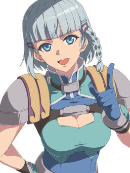 1girl armor blue_eyes blue_gloves blue_shirt blunt_bangs braid breasts chiharu_(9654784) cleavage cleavage_cutout clothing_cutout gloves grey_hair hair_ornament hairclip highres large_breasts looking_at_viewer open_mouth seolla_schweizer shirt short_hair shoulder_armor side_braid simple_background single_braid smile solo super_robot_wars super_robot_wars_original_generation white_background