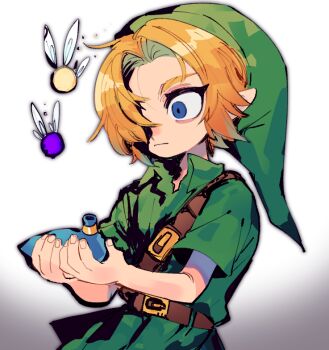 1boy 1girl belt blonde_hair blue_eyes commentary_request green_hat hat link looking_at_viewer male_focus navi nintendo pointy_ears repikinoko short_hair solo the_legend_of_zelda the_legend_of_zelda:_ocarina_of_time tunic young_link