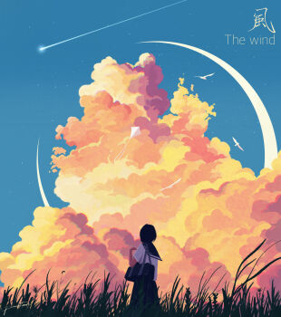 Rule 34 | 1girl, bag, bird, black hair, black sailor collar, black skirt, blue sky, chinese commentary, chinese text, chromatic aberration, cloud, cloudy sky, commentary request, crescent moon, english text, evening, fangpeii, from behind, grass, hand up, highres, kite, mixed-language text, moon, original, outdoors, sailor collar, scenery, school bag, school uniform, serafuku, shirt, shooting star, short hair, short sleeves, shoulder bag, signature, skirt, sky, sky focus, solo, standing, star (sky), summer uniform, translation request, white shirt
