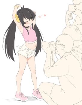 1girl 4boys armpits bare_shoulders black_hair blush camera choker collarbone crop_top full_body glasses hair_between_eyes heart highres idolmaster idolmaster_cinderella_girls loli long_hair matoba_risa midriff multiple_boys navel one_eye_closed phone scrunchie shoes short_shorts shorts simple_background sincos sleeveless smile sneakers standing taking_picture twintails very_long_hair white_background wrist_scrunchie