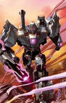 1boy alex_milne arm_cannon cannon clenched_hand decepticon energon glowing glowing_eyes insignia looking_at_viewer machine machinery mecha megatron megatron_(idw) no_humans official_art red_eyes robot science_fiction solo the_transformers_(idw) transformers weapon
