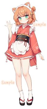 1girl absurdres animal_ears apron aqua_eyes cat_ears closed_mouth commentary_request commission frilled_apron frills full_body hair_ornament hair_ribbon head_tilt highres japanese_clothes kimono light_blush light_smile long_sleeves looking_at_viewer maid maid_headdress obi orange_hair original red_kimono red_ribbon ribbon sample_watermark sandals sash short_hair simple_background socks solo star_(symbol) star_hair_ornament tabi tachi-e tian_yang wa_maid watermark watermark_grid waving white_apron white_background white_socks wide_sleeves zouri