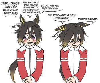 1girl absurdres animal_ears black_hair blush brown_hair ear_covers english_text hair_between_eyes highres horse_ears horse_girl jacket long_hair long_sleeves multicolored_hair open_mouth ponytail purple_eyes red_jacket red_track_suit simple_background speech_bubble starlinkman stay_gold_(umamusume) streaked_hair sweat teeth tracen_training_uniform track_jacket track_suit umamusume upper_body white_background white_hair