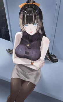 1girl absurdres arms_under_breasts black_hair black_pantyhose black_sweater blue_eyes blunt_bangs blunt_ends breasts cityscape commentary_request crossed_arms dhbwinner grey_hair grey_skirt highres hime_cut hololive hololive_dev_is indoors jewelry juufuutei_raden large_breasts long_hair looking_at_viewer miniskirt multicolored_hair necklace pantyhose pencil_skirt ponytail ribbed_sweater sitting skirt sleeveless sleeveless_sweater sleeveless_turtleneck solo straight_hair streaked_hair sweater turtleneck turtleneck_sweater two-tone_hair virtual_youtuber