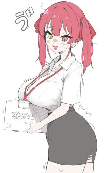 Rule 34 | :d, breast rest, breasts, carried breast rest, carrying, haseneko, heterochromia, highres, hololive, houshou marine, lanyard, large breasts, open mouth, red hair, short twintails, smile, tagme, twintails, virtual youtuber