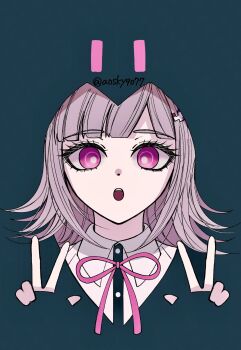 1girl :o brown_hair collared_shirt danganronpa_(series) danganronpa_2:_goodbye_despair dress_shirt flipped_hair green_background hair_ornament highres hood jacket long_sleeves looking_at_viewer medium_hair nanami_chiaki neck_ribbon pink_eyes pink_ribbon ribbon satori_(aosky9077) shirt solo teeth upper_teeth_only white_shirt