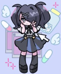 Rule 34 | 1girl, ame-chan (needy girl overdose), black footwear, black hair, black ribbon, black socks, bright pupils, chibi, closed mouth, collared shirt, commentary request, cursor, ebimirin, full body, grey eyes, grey shirt, hair ornament, hair over one eye, hand on own cheek, hand on own face, hands up, highres, long hair, looking at viewer, neck ribbon, needy girl overdose, pill, pill bottle, ribbon, shirt, shoes, skirt, socks, solo, standing, suspender skirt, suspenders, twintails, v, white pupils, window (computing), x hair ornament