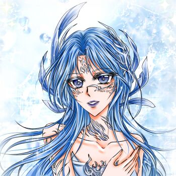1girl anime_coloring bare_shoulders blue_background blue_eyes blue_hair blue_lips blue_shirt blue_theme born_flawless_(infinity_nikki) bright_pupils chinese_commentary circlet collarbone commentary_request coral_hair_ornament crystal expressionless eyelashes faux_retro_artstyle feather_hair_ornament feathers fingernails hair_ornament hand_on_own_chest highres infinity_nikki landuo941 light_blush lipstick long_hair looking_at_viewer makeup material_growth nikki_(series) parted_bangs parted_lips shirt simple_background solo sparkle strapless strapless_shirt symbol-shaped_pupils teeth upper_body very_long_hair white_pupils