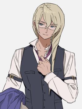 Rule 34 | 1boy, ace attorney, apollo justice: ace attorney, arm belt, black vest, blonde hair, blue eyes, blue suit, breast pocket, buttons, carrying clothes, clothes grab, collared shirt, commentary request, drill hair, formal clothes, glasses, hair between eyes, hand on own chest, highres, holding, holding unworn clothes, korean commentary, kristoph gavin, light smile, long hair, looking to the side, neck ribbon, neck ribbon grab, neckwear grab, pink ribbon, pocket, pulling own clothes, ribbon, secret9050, shirt, simple background, solo, suit, vest, white background, white shirt