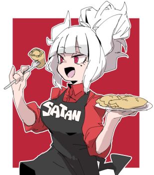 1girl :d apron black_apron breasts clothes_writing collared_shirt crepe demon_girl demon_horns demon_tail food fork hair_bun hair_up helltaker holding holding_fork holding_plate horns jamir lucifer_(helltaker) mole mole_under_eye open_mouth outline plate red_eyes red_shirt shirt smile solo tail two-tone_background white_hair white_horns white_outline