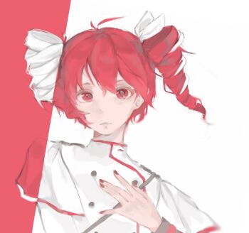 1girl ahoge buttons commentary_request double-breasted drill_hair hair_ribbon hand_on_own_chest inverted_colors kasane_teto kasane_teto_(sv) laari_000 nail_polish parted_lips red_eyes red_hair red_nails ribbon shirt short_hair simple_background solo split_screen synthesizer_v twin_drills utau white_background white_ribbon white_shirt