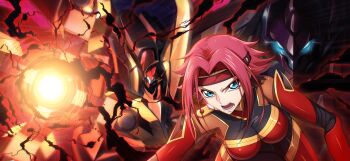 1girl blue_eyes bodysuit breasts code_geass code_geass:_fukkatsu_no_lelouch code_geass:_lost_stories f4samurai guren_(code_geass) guren_type_special highres knightmare_frame kouzuki_kallen large_breasts mecha official_art open_mouth red_bodysuit red_hair robot short_hair solo teeth