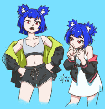 2girls alternate_costume animal_ear_fluff animal_ears bare_shoulders bear_ears bear_girl belt black_belt black_choker black_coat black_jacket black_shorts black_trim blue_background blue_hair blunt_bangs blunt_ends blunt_sidelocks breasts buttons chest_belt choker clenched_hand closed_mouth coat cocked_eyebrow collarbone commentary contrapposto cropped_legs curled_fingers drawstring dress english_commentary eyebrows_hidden_by_hair furrowed_brow go!_go!_gris! green_coat grey_sports_bra grey_trim gris_(go!_go!_gris!) gym_shorts hair_intakes half_updo hand_on_own_chin hands_on_own_hips head_tilt height_difference highres hood hood_down hooded_coat hooded_jacket hunched_over jacket leaning_forward legs_apart long_eyelashes long_sleeves looking_at_another looking_at_viewer looking_to_the_side marcness1313 midriff multiple_girls multiple_persona narrowed_eyes navel off_shoulder open_clothes open_coat open_jacket open_mouth own_hands_together pensive pink_eyes pink_jacket pink_trim ponytail puffy_long_sleeves puffy_sleeves raised_eyebrow raised_eyebrows red_eyes short_dress short_hair short_ponytail short_shorts shorts sidelocks signature simple_background sleeveless sleeveless_dress small_breasts sports_bra standing straight-on teeth thick_eyelashes thighs timestamp two-sided_coat two-sided_fabric two-sided_jacket unbuttoned underbust upper_teeth_only v-shaped_eyebrows w_arms white_dress wide_hips