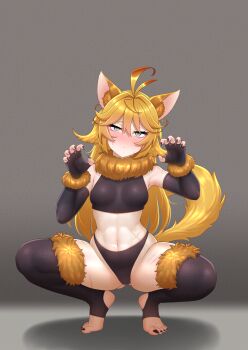 Rule 34 | 1girl, abs, animal ears, bare shoulders, black nails, blonde hair, blush, breasts, bridal legwear, cipher4109, claw pose, cleavage, dokibird, dokibird (bounty hunter), extra ears, feet, fingerless gloves, fur scarf, fur sleeves, fur trim, gloves, green eyes, halloween, halloween costume, happy halloween, hashtag-only commentary, highres, indie virtual youtuber, large breasts, long hair, looking at viewer, medium breasts, midriff, nail polish, no shoes, nose blush, smile, solo, sports bikini, tail, toeless legwear, toenail polish, toenails, toes, virtual youtuber, werewolf costume, wolf ears