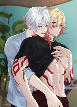 2boys abs absurdres antenna_hair arm_tattoo black_shirt blonde_hair blue_eyes braid chest_tattoo clothes_lift collared_shirt commentary english_commentary facial_tattoo grabbing_from_behind gradient_hair hair_between_eyes highres honkai:_star_rail honkai_(series) male_focus medium_hair multicolored_hair multiple_boys mydei_(honkai:_star_rail) parted_bangs pectoral_grab phainon_(honkai:_star_rail) red_hair red_tattoo regit1412 shirt shirt_lift short_hair side_braid tattoo toned toned_male white_hair white_shirt yaoi yellow_eyes