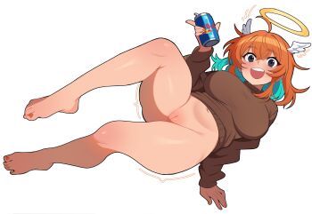 1girl :d absurdres ahoge anna_(maidcousin) aqua_hair barefoot black_eyes bottomless breasts brown_sweater can cleft_of_venus colored_inner_hair commentary drink_can english_commentary fang feet full_body halo head_wings highres holding holding_can large_breasts legs long_sleeves looking_at_viewer maidcousin medium_hair multicolored_hair nail_polish navel open_mouth orange_hair orange_nails original pussy red_bull simple_background smile solo sweater teeth toenail_polish toenails toes two-tone_hair upper_teeth_only white_background wings
