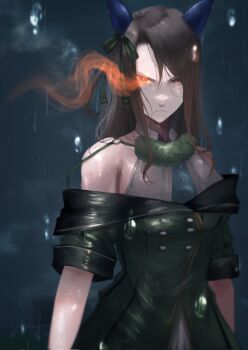 1girl animal_ears bare_shoulders bow breasts brown_hair closed_mouth commentary_request dress ear_bow ear_covers ear_ribbon eye_trail frown gloves glowing glowing_eyes green_bow green_dress hasewo highres horse_ears horse_girl king_halo_(king_of_emeralds)_(umamusume) king_halo_(umamusume) light_trail long_hair looking_at_viewer off-shoulder_dress off_shoulder orange_eyes rain solo umamusume