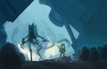 Rule 34 | 1girl, absurdres, alien, alien (series), alien queen, aliens (1986), aqua hair, black thighhighs, claws, commentary, egg, english commentary, flamethrower, fog, hatsune miku, highres, holding, holding flamethrower, holding weapon, m240 incinerator unit, mightygoodtales, pleated skirt, scenery, science fiction, skirt, thighhighs, twintails, vocaloid, weapon